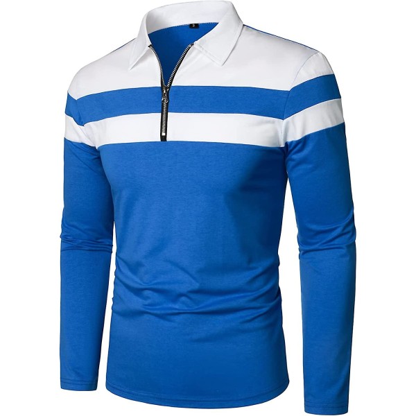 Herr Casual Långärmad Polotröjor Kontrastfärg Patchwork Bomull Tee Toppar Blue L
