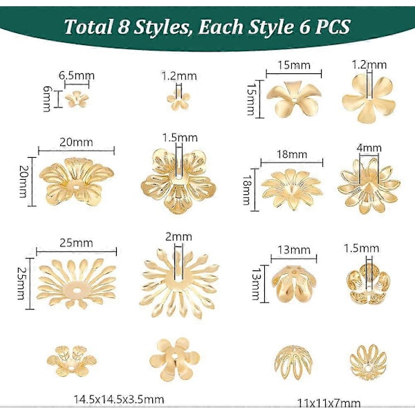 48 st 8 Stilar Metall Filigran Blomkapslar 6-25mm Guld Blom Pärlkapslar Multi-Blomblad Pärlkapslar Bailar Ände Charm Kapslar Rostfritt Stål Distans Pärlor för Örhängen