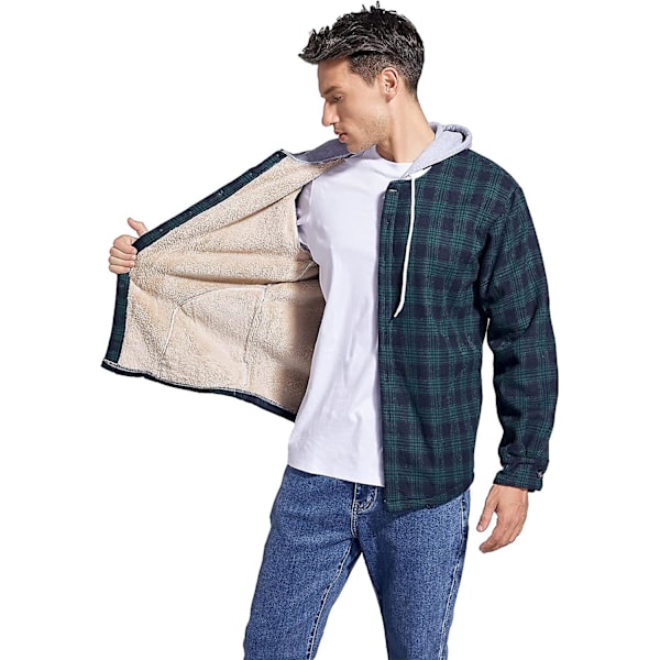 Rutete bomullsjakke for menn, fleeceforet flanellskjorte, Sherpa-jakke med knapper og hette for menn green L