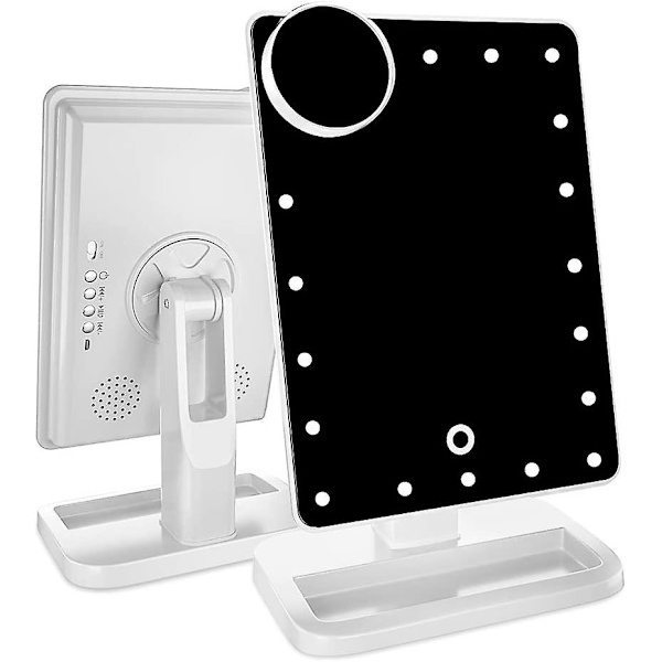 Sminkspegel med lampor Bluetooth Ljus smink spegel Touch Screen Trådlös ljudhögtalare Dimbart ljus Avtagbar 10x förstoring Uppladdningsbar White