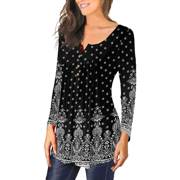 Dame Tunika Topper Ensfarget Plissert V-hals Knapper Bluse Blomstertrykte Damer Mixblue 1 M