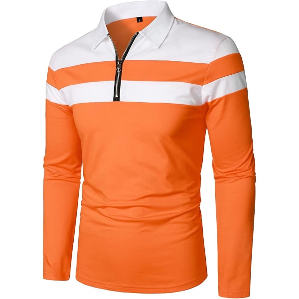 Herr Casual Långärmad Polotröjor Kontrastfärg Patchwork Bomull Tee Toppar Orange M