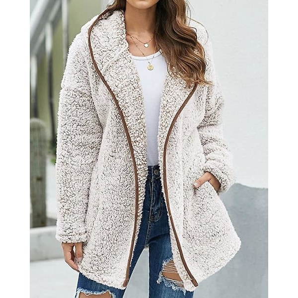 Dam Huva Fuzzy Fleece Coat Solid Oversized Kontrastfärg Kantband Vinter Varm Pälsjacka Ytterkläder M