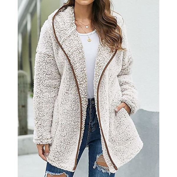 Dam Huva Fuzzy Fleece Coat Solid Oversized Kontrastfärg Kantband Vinter Varm Pälsjacka Ytterkläder XXL