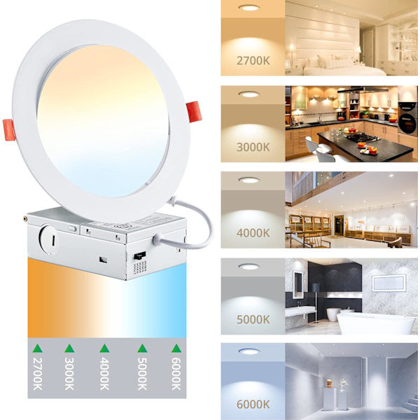 6-pack 5CCT Justerbar LED-infälld belysning 6 tum Slim Valbar 2700K-6000K, Mjuk Dimmerbar, 1000 LM, 12W motsvarar 110W Ultratunn