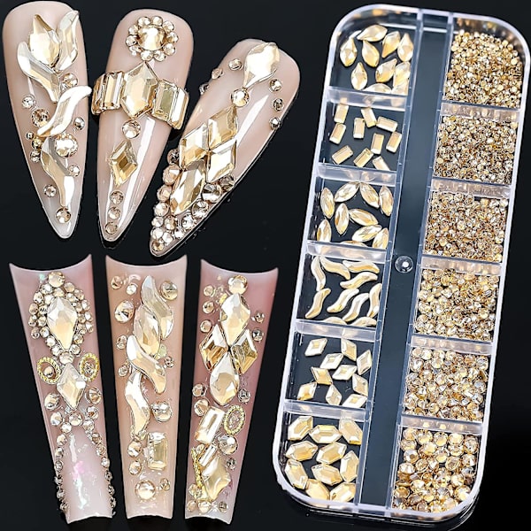 1070 Stycken Champagne Guld Kristaller Nagelkonst Strass Stenar SS4-SS16 Runda Pärlor Platta Bak Slöjor Guld Flera Former Glaskristall för Nagelkonst Hantverk