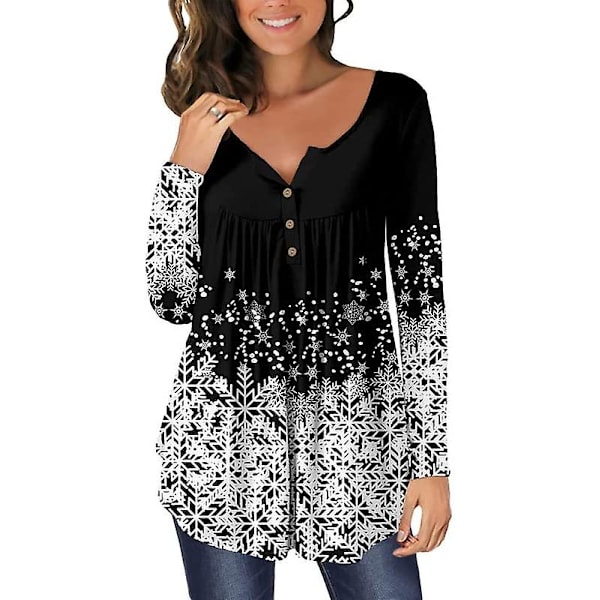 Dame Casual Bluser Topper Løse Plisserte Blomstrete Tunika Skjorter For Kvinner UK V-hals Snowflake M