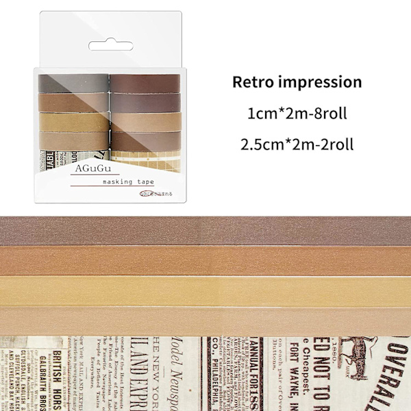 Washi Tape Set 10 rullar Dekorativ maskeringstejp i papper för konst, gör-det-själv-hantverk, tidskrifter, planerare, klippbok, present Retro Impression(2m)