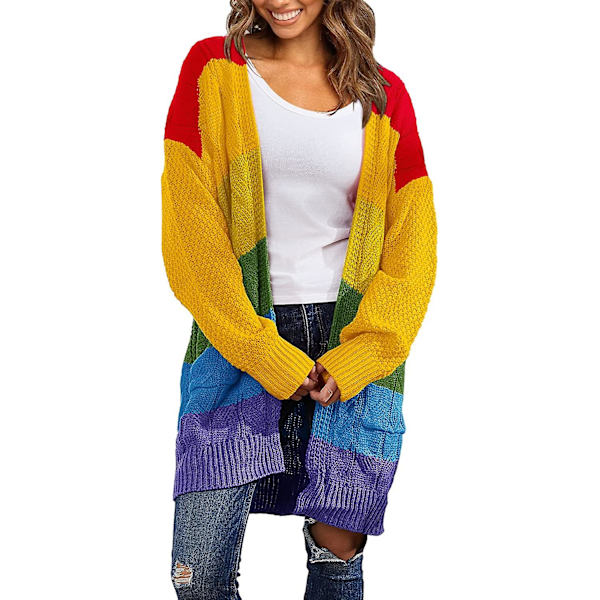 Dam Casual Långärmad Cardigan Mjuk Tjock Stickad Tröja Regnbågsfärgad Cardigan Rock Med Fickor XL