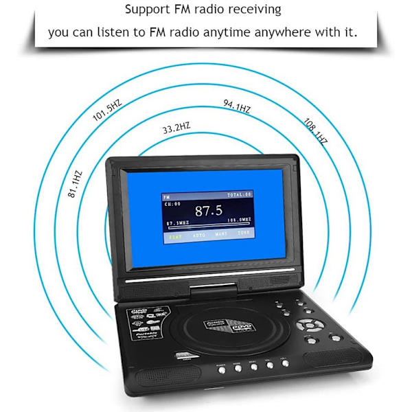 Portabel DVD-spelare, 9,8 tum Hem Digital HD Rotationsbar Skärm Smart TV EVD DVD-spelare Stöd för USB FM-radio Inbyggt Uppladdningsbart Batteri