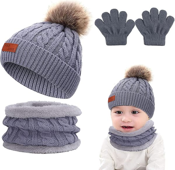 Barn Vinter Varma Mössa Halsduk Set 2-3 Delar Unisex Termisk Stickad Fluffig Present