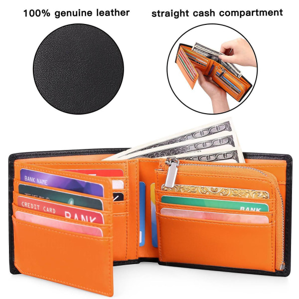 Multi-fack fällbar blixtlås stor kapacitet läder plånböcker med kort kontanter förvaringsficka Black Orange