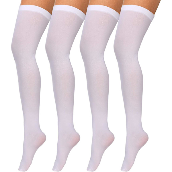 4 par silke lårhøye strømper i nylon for kvinner Halloween Cosplay kostyme White M