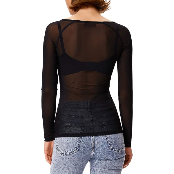 Dame Elastisk Scoop Neck Gjennomsiktig Sexy Slim Fit Mesh Topper Langermet Bluse Black 3XL