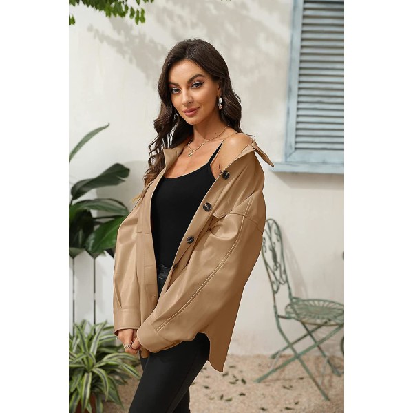 Dame Faux Læderjakke Pu Oversized Shacket Knap Ned Casual Skjorte Langærmet Blazer Frakke Med Lomme Overtøj M