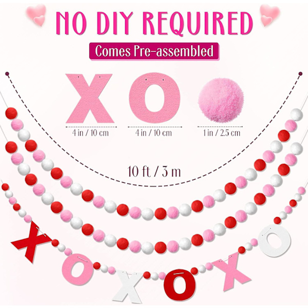 3 Styk Valentinsdag Guirlande Filtkugle Guirlande, 3 meter Pompom Guirlande Valentinsdag Dekorationer Banner Til Kamin Hylde Værelse Valentinsdag Hængende Dekoration