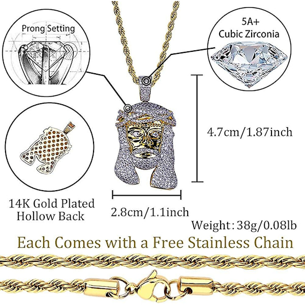 Herre 14k Guldbelagt Iced Out Cz Simuleret Diamant Krone Jesus Stykke Vedhæng Halskæde