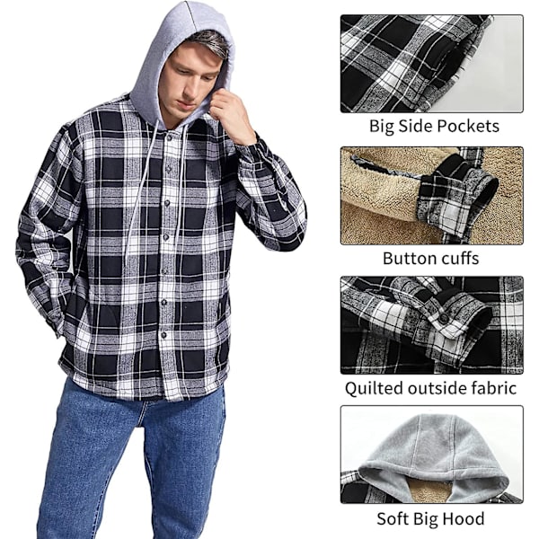 Rutete bomullsjakke for menn, fleeceforet flanellskjorte, Sherpa-jakke med knapper og hette for menn black S