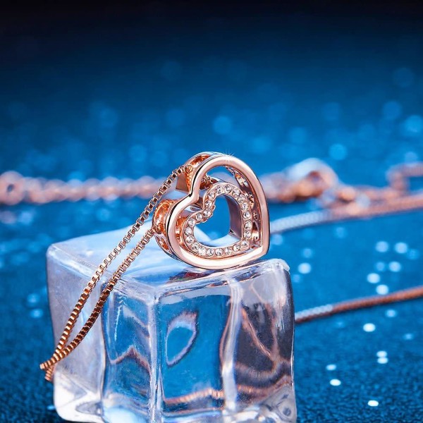 Hjärthalsband för kvinnor roséguld silver dubbelt hjärthängande halsband med kristaller dekorerade I Love U Graverad presentask (mamma, jag älskar U)