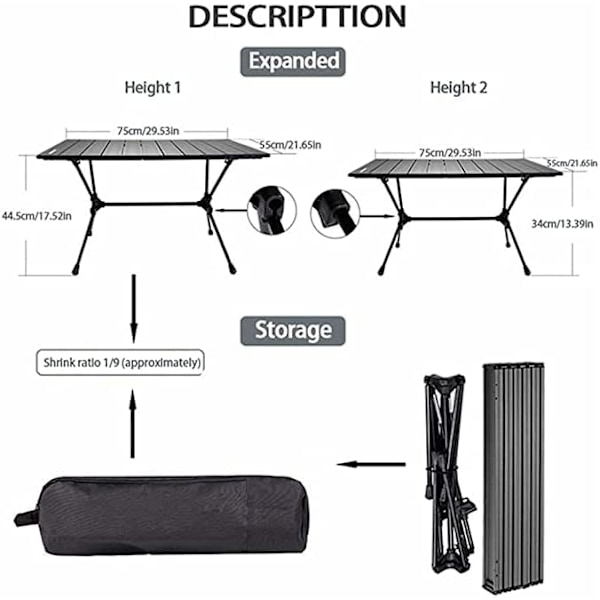 Fällbart Campingbord för Utomhus, 2-4 Personer, Justerbar Höjd, Bärbar Aluminium Fällbord med Bärväska för Camping, Vandring, Picknick, Grill