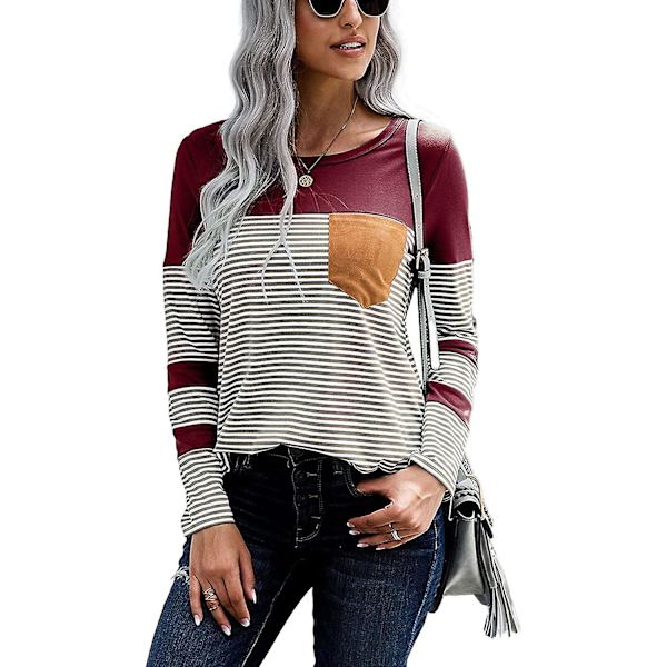 Damer Långärmad Oversize T-shirt Randig Crewneck Pullover Tunika Patchwork
