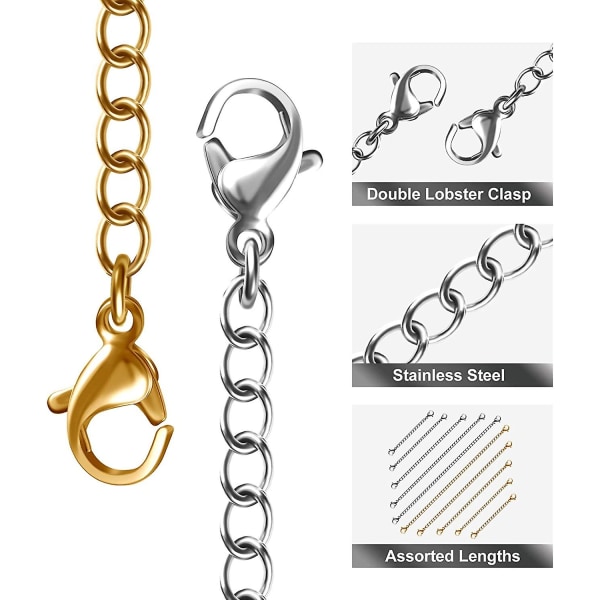 Halsbandsförlängare, 15 st Rostfritt stål Guld Silver Halsband Armband Ankelförlängningskedjor med hummerlås och förslutningar för smyckestillverkning sliver gold
