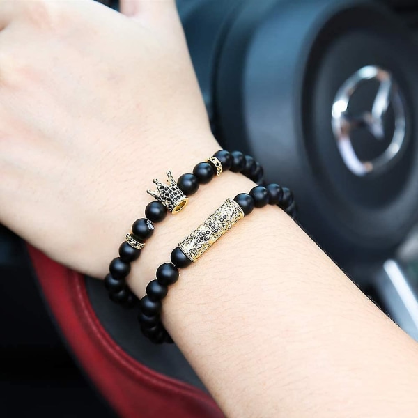 Svart matt pärlarmband 8mm Onyx sten armband set charm kunglig krona Gold