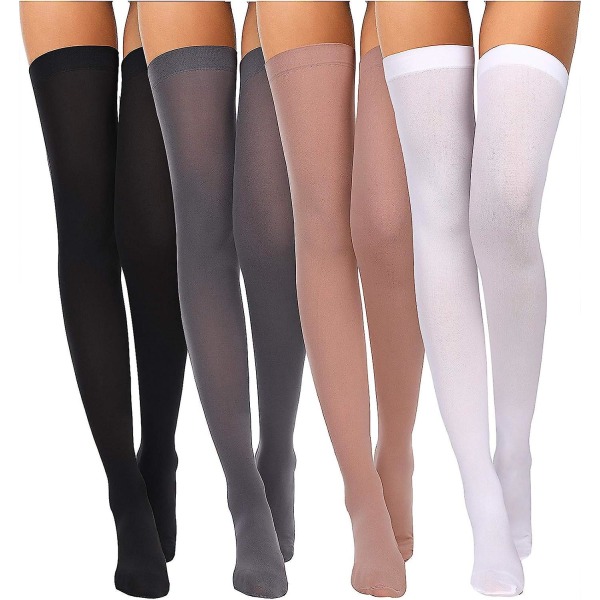 4 par silke lårhøye strømper i nylon for kvinner Halloween Cosplay kostyme Black  White  Skin Color M