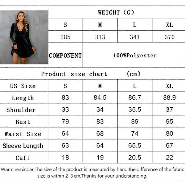 Dame Wrap V-hals Langærmet Fløjl A-linje Fest Swing Fit and Flare Skater Mini Kjole - Sort L