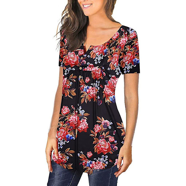 Dame Tunika Topper Ensfarget Plissert V-hals Knapper Bluse Blomstertrykte Damer Mixblack 2XL