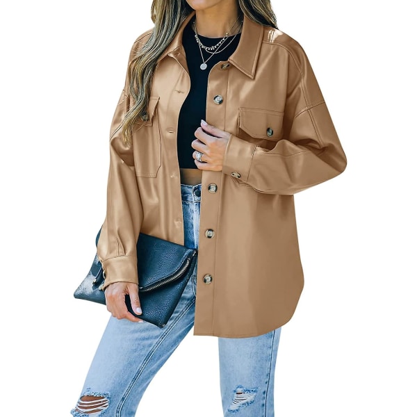 Damjacka i konstläder Pu Oversized Shacket Button Down Casual Skjorta Långärmad kavajjacka med ficka Ytterkläder M