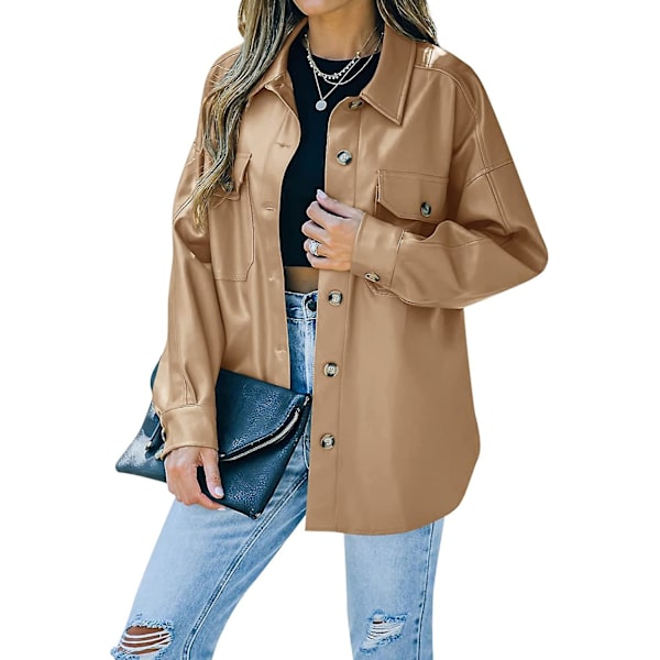 Womens Faux Läderjacka Pu Oversized Shacket Button Down Casual Skjorta Långärmad Blazer Rock Med Fickor Ytterkläder L