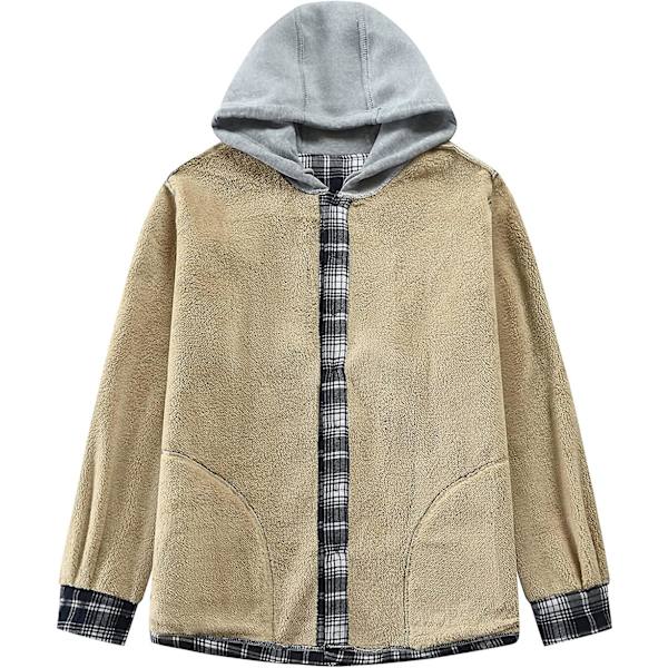 Rutete bomullsjakke for menn, fleeceforet flanellskjorte, Sherpa-jakke med knapper og hette for menn Blue XL