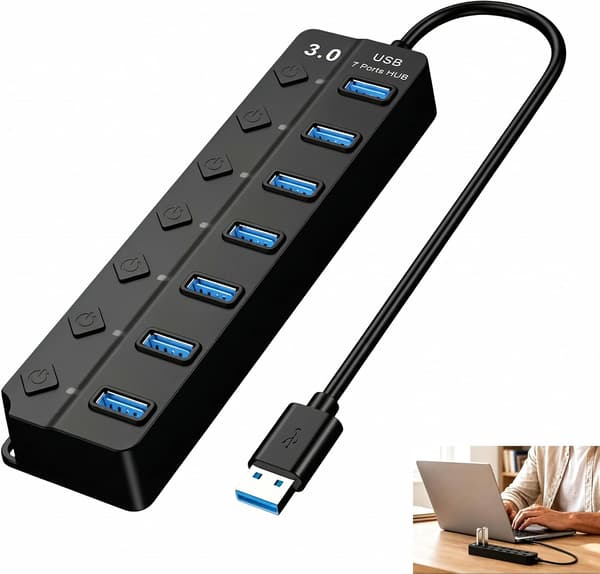 USB 3.0-hub med 7 porter, USB 3.0-port multikontakt, uavhengig og LED-bryter, multiport-splitter for PC, Mac og Linux, ultra-rask 5 Gbps data
