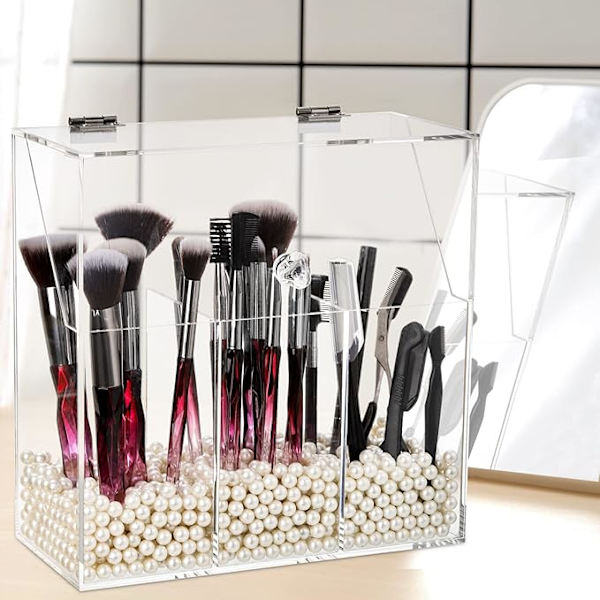 Makeup Børsteholder med Støvtæt Låg, Hvide Perler, Akryl Klar Makeup Børste Organizer med 3 Rum, Stor Kosmetik Børste Opbevaringsboks
