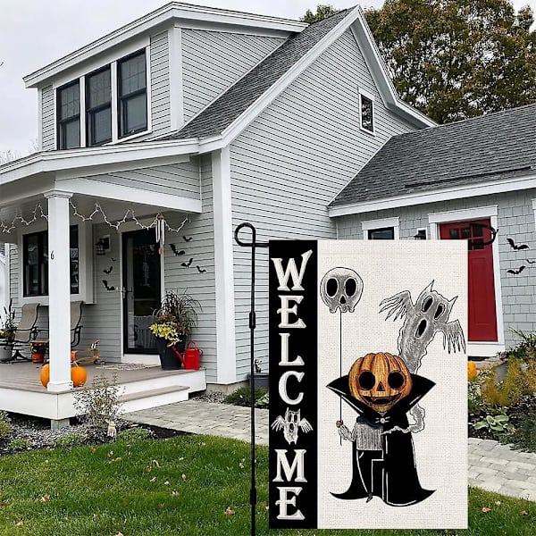 Halloween Tervetuloa Puutarhalippu Juuttikangas Kaksipuolinen Pystysuora 1218 Tuumaa Pelottava Valkoinen Aave Kurpitsalyhty Piha Sisustus Df108 White 12" X 18"