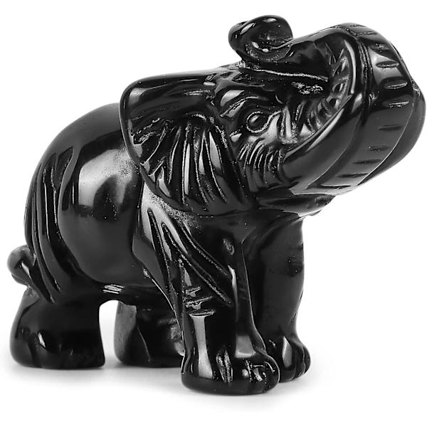 Svart Obsidian Kristall Elefant Statyett Figur Dekor Hand Carved Ädelsten Djur Skulptur För Heminredning Skrivbords Prydnader Med Presentask 2 Tum