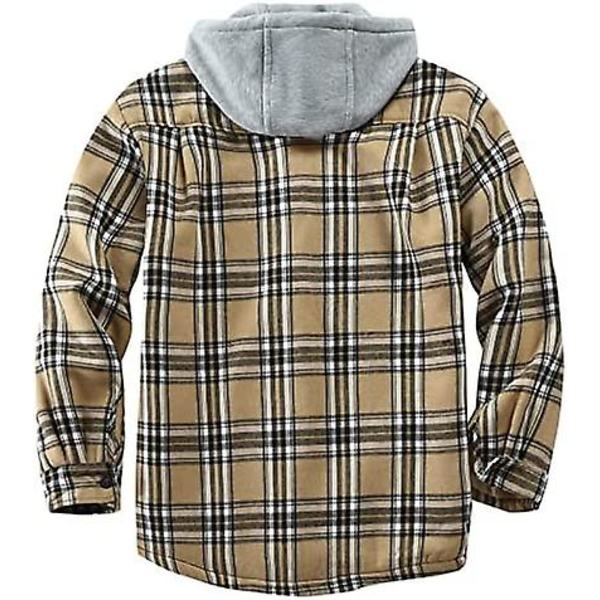 Rutete bomullsjakke for menn, fleeceforet flanellskjorte, Sherpa-jakke med knapper og hette for menn khaki S