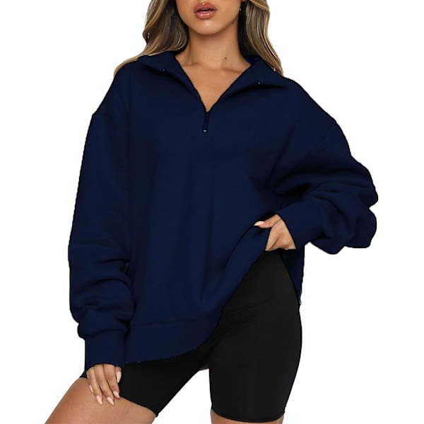 Naisten syksyn collegepaidat, Oversized puolivetoketjullinen pitkähihainen collegepaita, neljännesvetoketjullinen trendikäs huppari, asuja teineille m0 dark Blue 3X Large