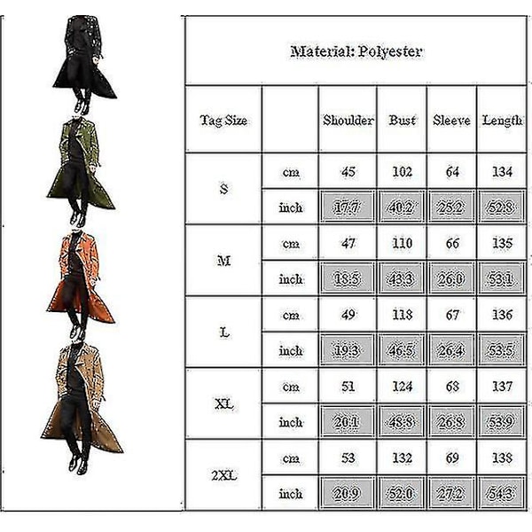 Lang trenchcoat for menn, frakk med jakkeslag, avslappet vinterjakke, ensfarget yttertøy black XXL