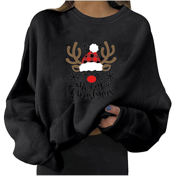 Løs Juleprint Sweater Rund Hals Sweater Med Sjov Grafik Rensdyr Og Julemandsdesign (dame)
