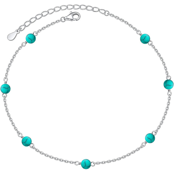 Strandankler til kvinder 925 Sterling Sølv Boho Strand Fodkæde Faux Turkis Perlebesat Tro Kors Ankelkæde Gave til Kvinder Piger, 9-10 Tommer Lab Turquoise Bead