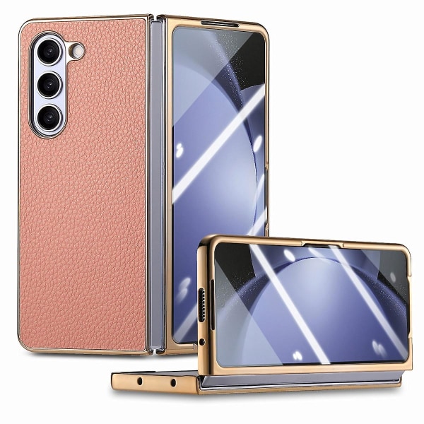 Z Fold 5 Deksel, PU-Lær & Plating PC Støtfanger Støtsikkert Deksel Kompatibelt med Samsung Galaxy Z Fold 5 Med Skjermbeskytter Pink For Galaxy Z Fold 5