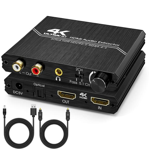 HDMI-ljudextraktor, 4K HDMI till optisk SPDIF + 3,5 mm stereo + RCA L/R ljudadapteromvandlare med volymkontroll som stöder 4K@60Hz