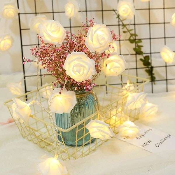 Valentinsdag Dekor Blomsterlys, 20 LED Rose Lyslenke Batteridrevet For Hage Soverom Utendørs Innendørs Dekor, Hvite Lyslenker For Va