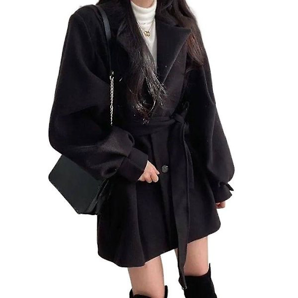 Dame Casual Trenchcoat Varm Overfrakke Vinter Lang Jakke Overtøj Black S