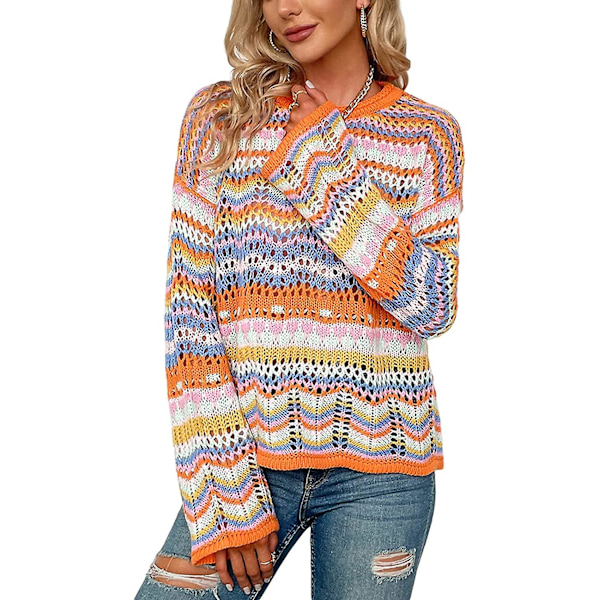 Dame Hul Ud Hæklet Strik Trøje Crop Tops Langærmet Trøje Cropped Orange L