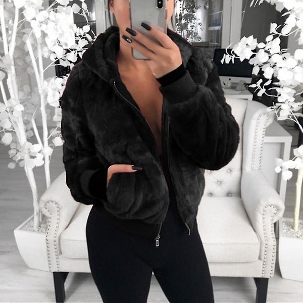 Dame Mode Afslappet Frakke Efterår Vinter Hættefrakke Plys Varm Jakker Plus Størrelse S-5xl Black 3XL