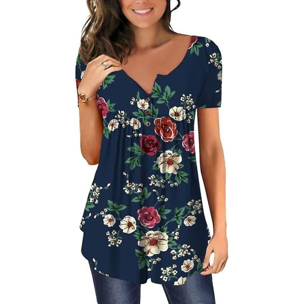 Dame Casual Bluser Toppe Løse Plisserede Blomstrede Tunika Skjorter Til Kvinder UK V-Hals Navy XL