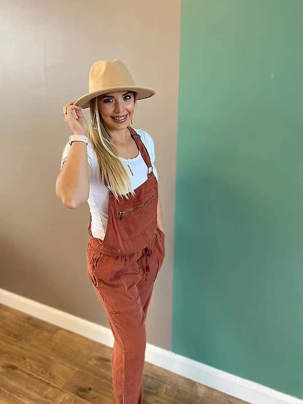 Dam Klassisk Bred Brätte Floppy Panama Hatt Bälte Spänne Ull Fedora Hatt Khaki